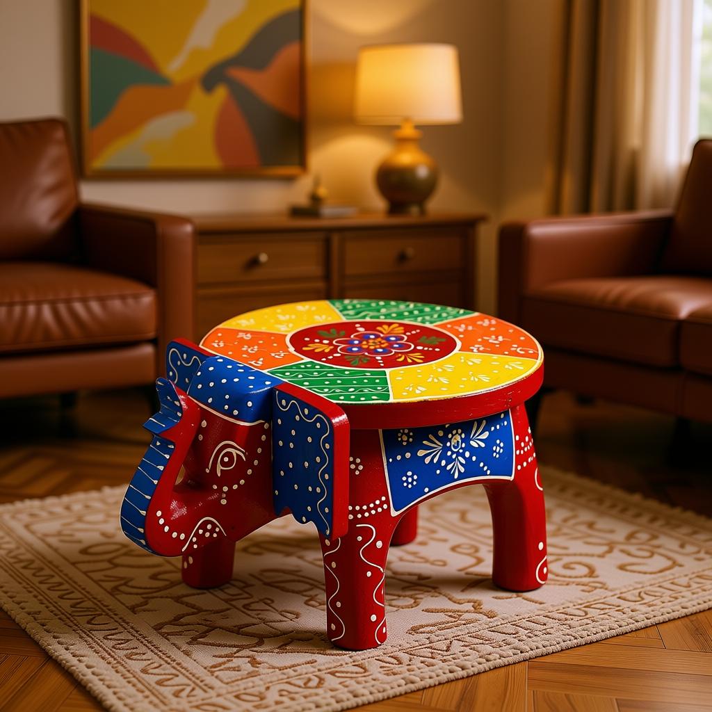 Handcrafted Wooden Elephant Stool | Rajasthani Painted Elephant Table - Image 4