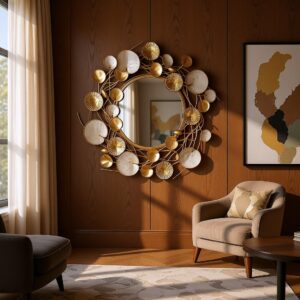 Luxury Lotus Floral Gold Wall Mirror | Decorative Round Metal Wall Mirror