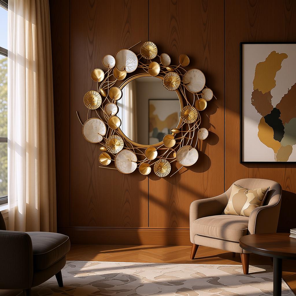 Luxury Lotus Floral Gold Wall Mirror | Decorative Round Metal Wall Mirror
