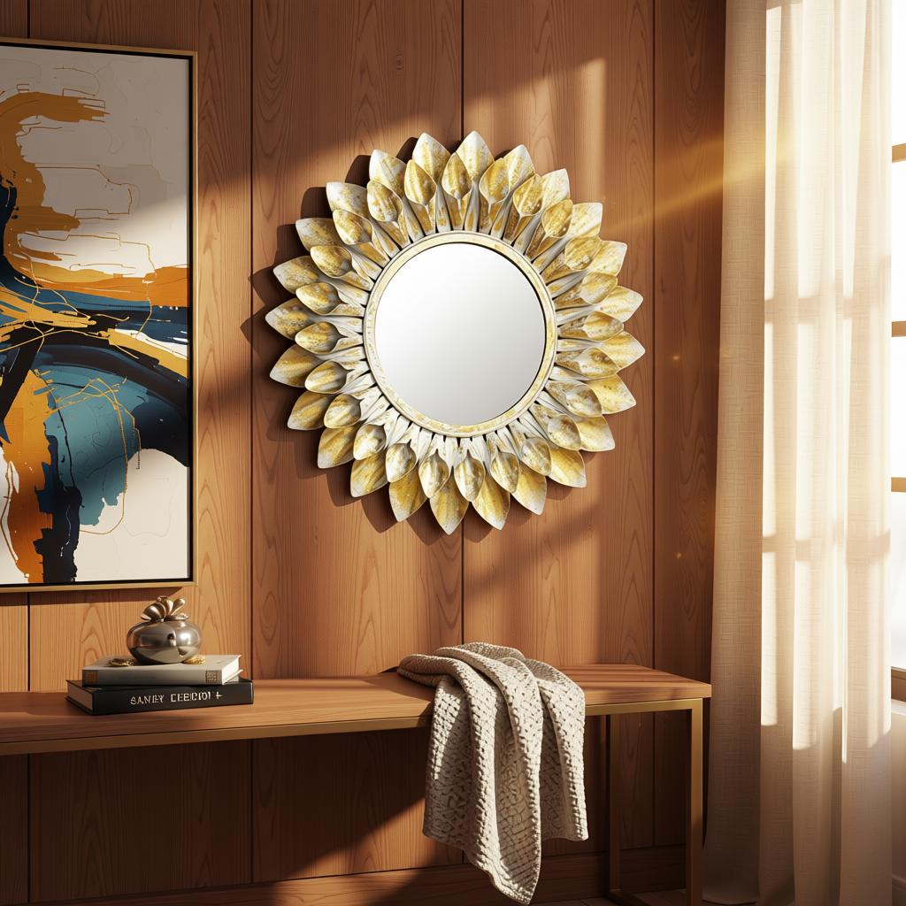 Mini Flower Mirror (Gold & White) | Handcrafted Metal Decorative Wall Mirror - Image 5
