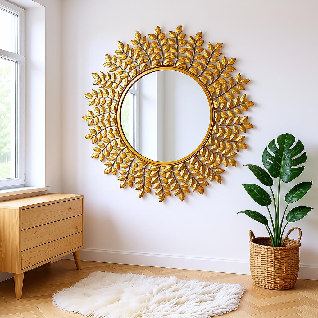Small Leaf Wall Mirror | Gold Leaf Decorative Round Mirror - Image 7