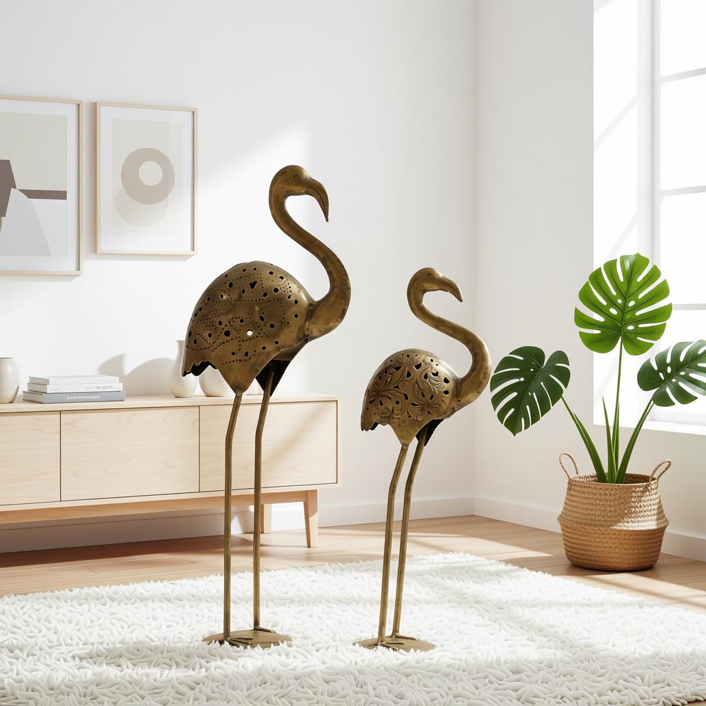 Handcrafted Metal Flamingo Table Decor Set of 2 | Antique Gold Bird Showpiece - Image 8