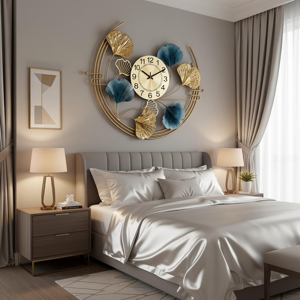 Welson Time Wall Clock | Gold & Teal Leaf Decorative Metal Clock - Image 5