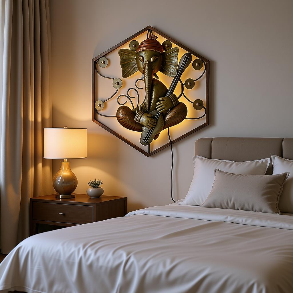 LED Hexagon Ganesha Wall Art with Veena | Premium Metal Wall Decor for Home & Mandir