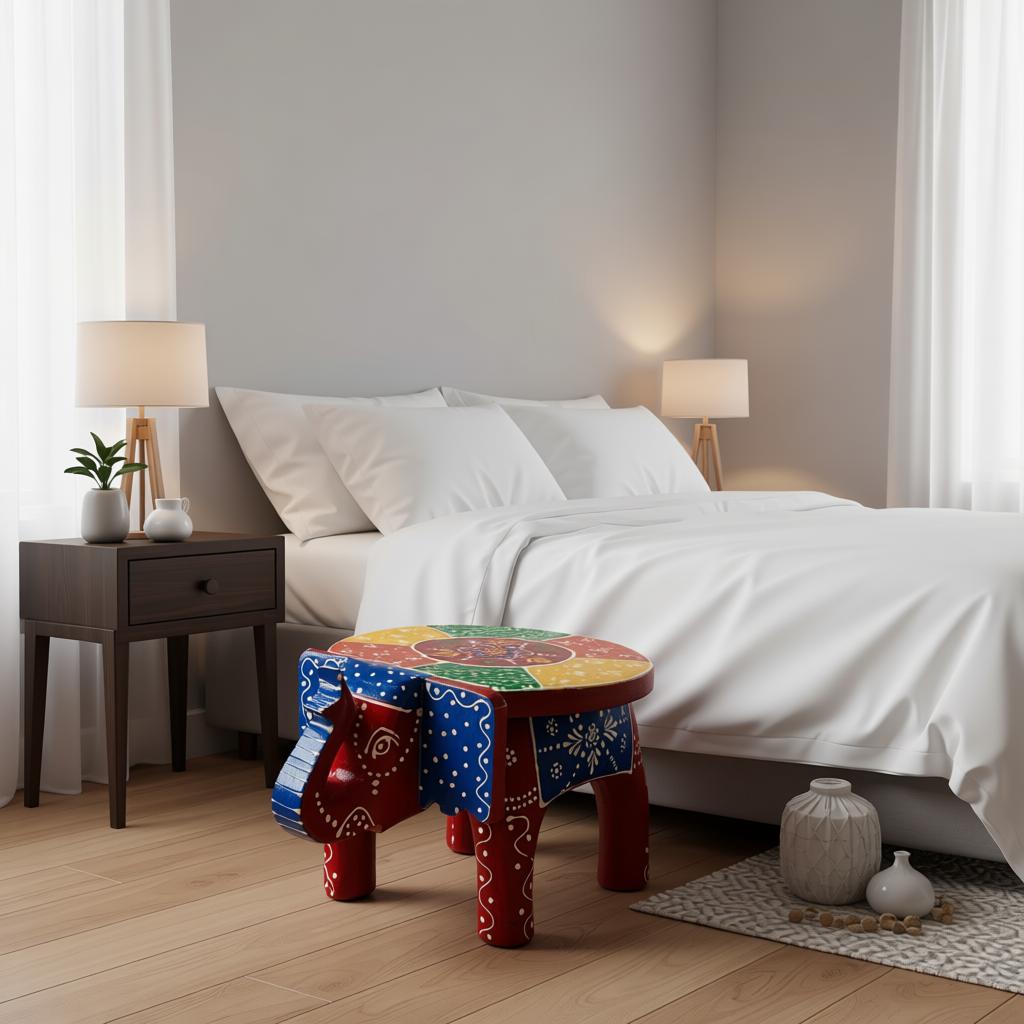 Handcrafted Wooden Elephant Stool | Rajasthani Painted Elephant Table - Image 5
