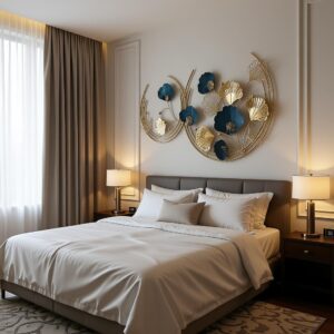 Luxury Iris Double Moon Metal Wall Art | Blue & Gold Modern Floral Wall Decor
