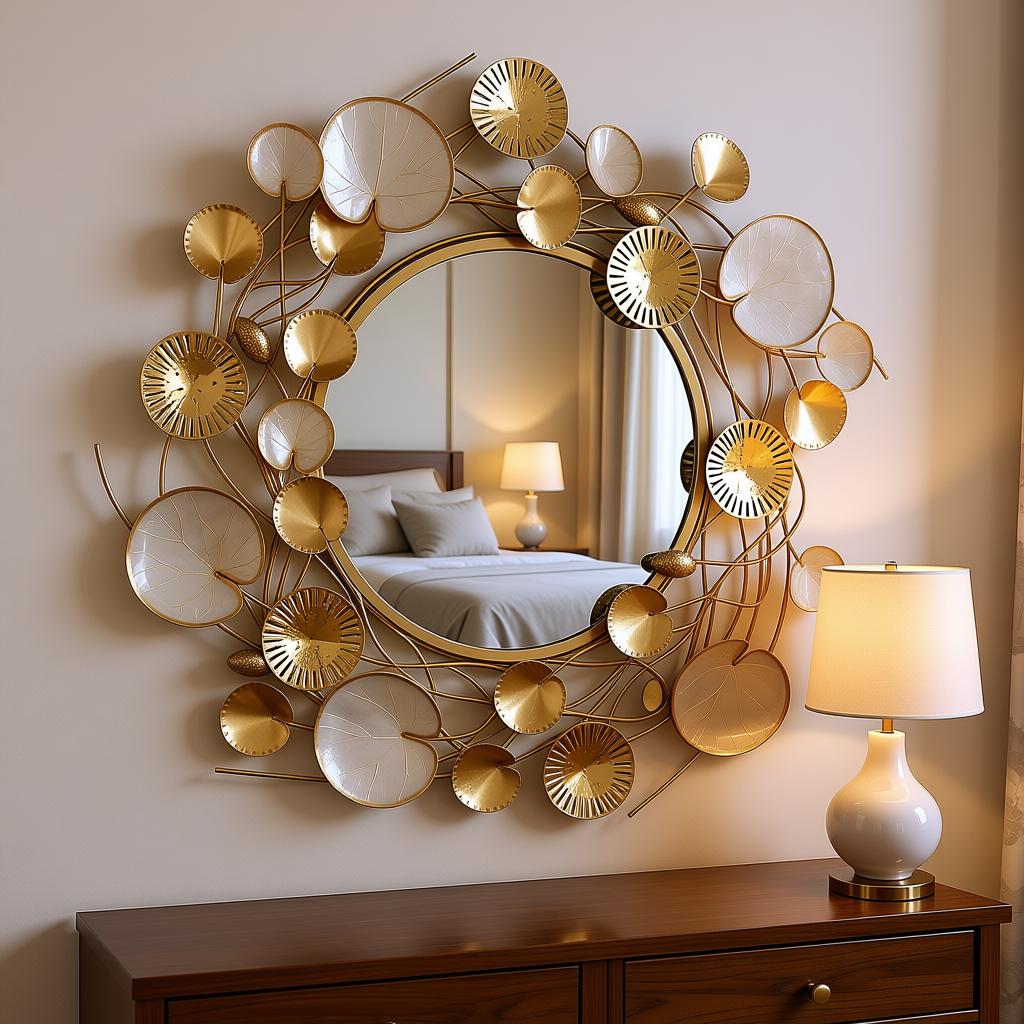 Luxury Lotus Floral Gold Wall Mirror | Decorative Round Metal Wall Mirror - Image 7