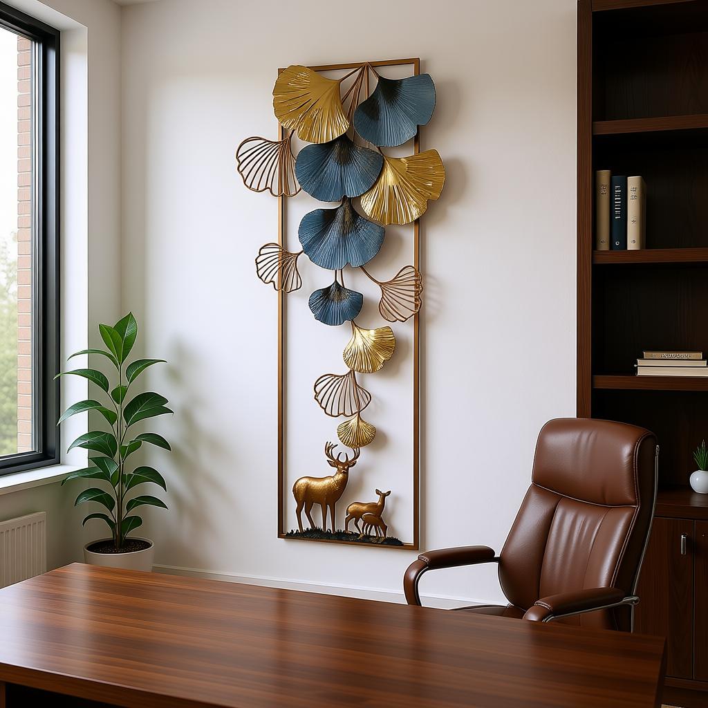 Luxury Ginkgo Leaf Deer Metal Wall Art | Modern Vertical Wall Décor for Living Room - Image 6