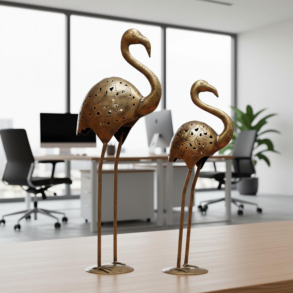 Handcrafted Metal Flamingo Table Decor Set of 2 | Antique Gold Bird Showpiece - Image 7