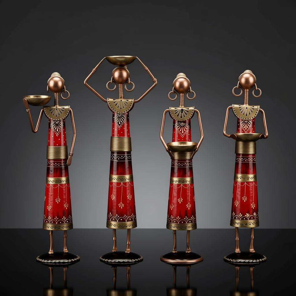 Red Rajasthani Doll Set of 4 | Handcrafted Iron Figurines & Traditional Table Decor - Image 7