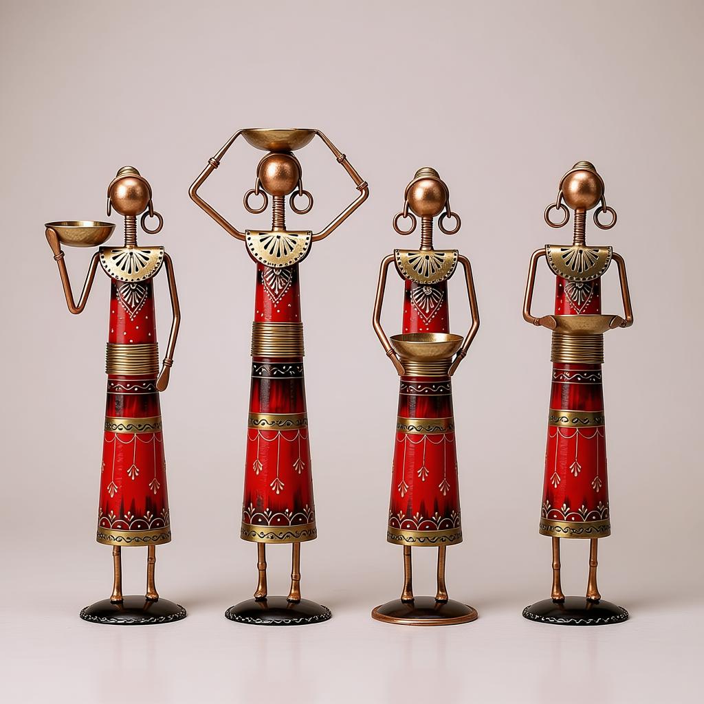 Red Rajasthani Doll Set of 4 | Handcrafted Iron Figurines & Traditional Table Decor - Image 8