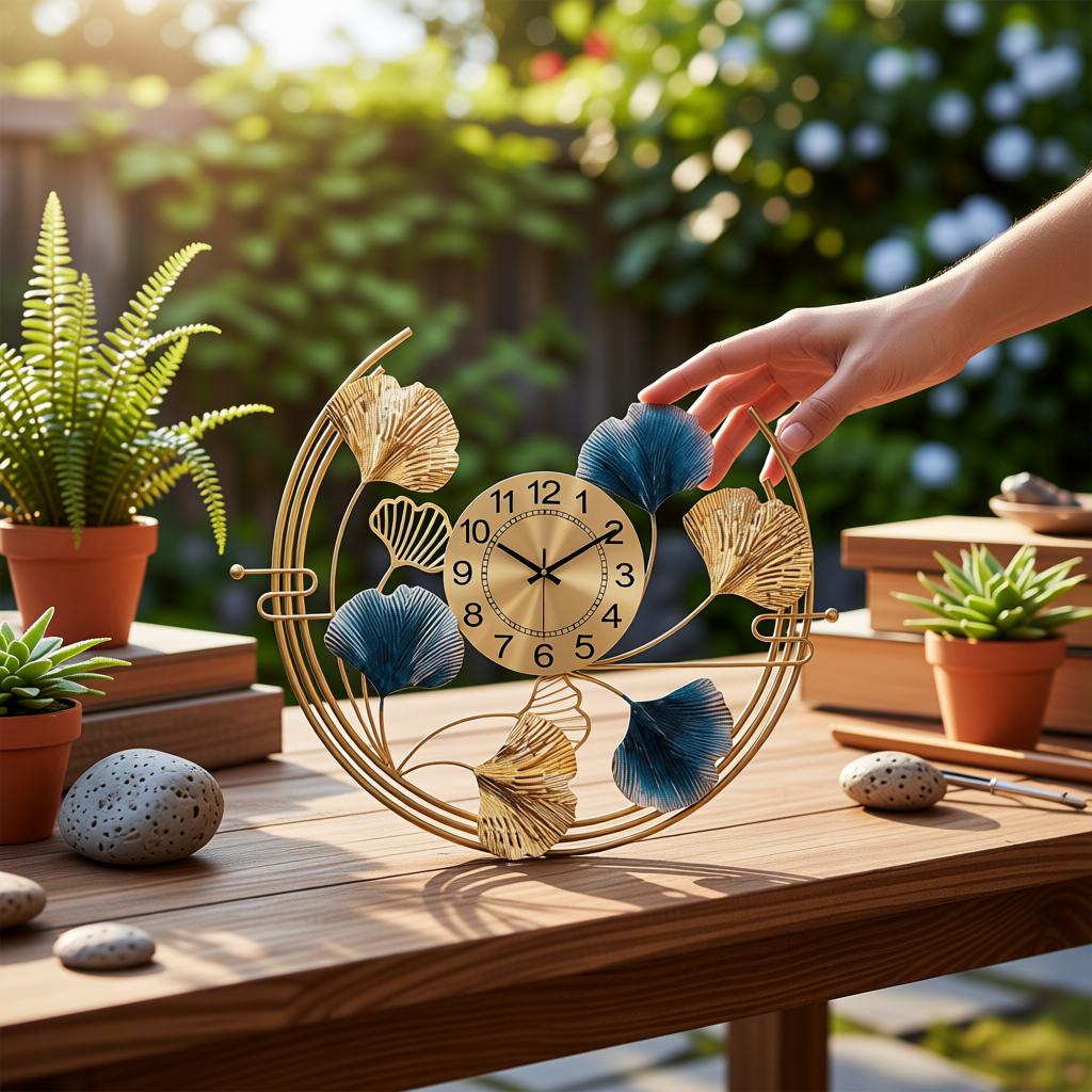 Welson Time Wall Clock | Gold & Teal Leaf Decorative Metal Clock - Image 6