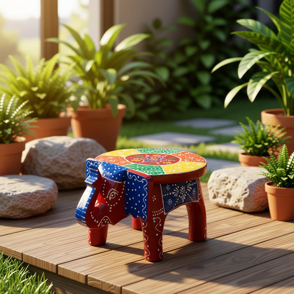 Handcrafted Wooden Elephant Stool | Rajasthani Painted Elephant Table