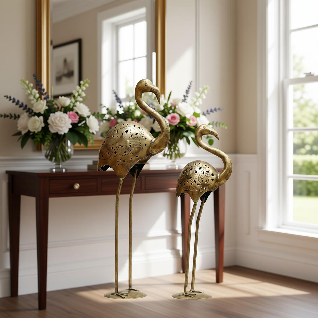 Handcrafted Metal Flamingo Table Decor Set of 2 | Antique Gold Bird Showpiece - Image 5