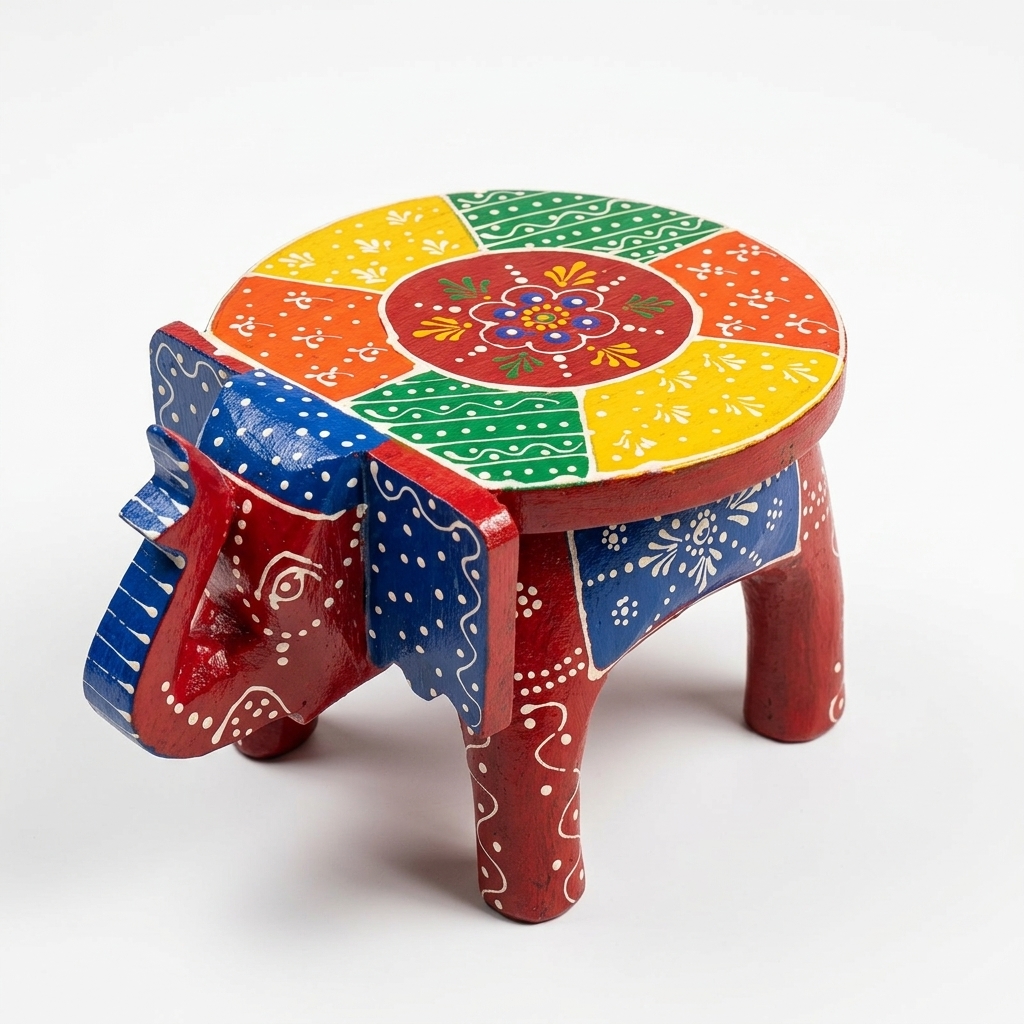 Handcrafted Wooden Elephant Stool | Rajasthani Painted Elephant Table - Image 7
