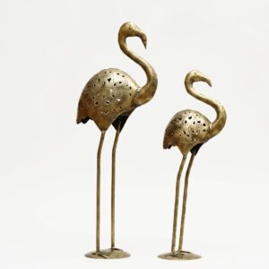 Handcrafted Metal Flamingo Table Decor Set of 2 | Antique Gold Bird Showpiece