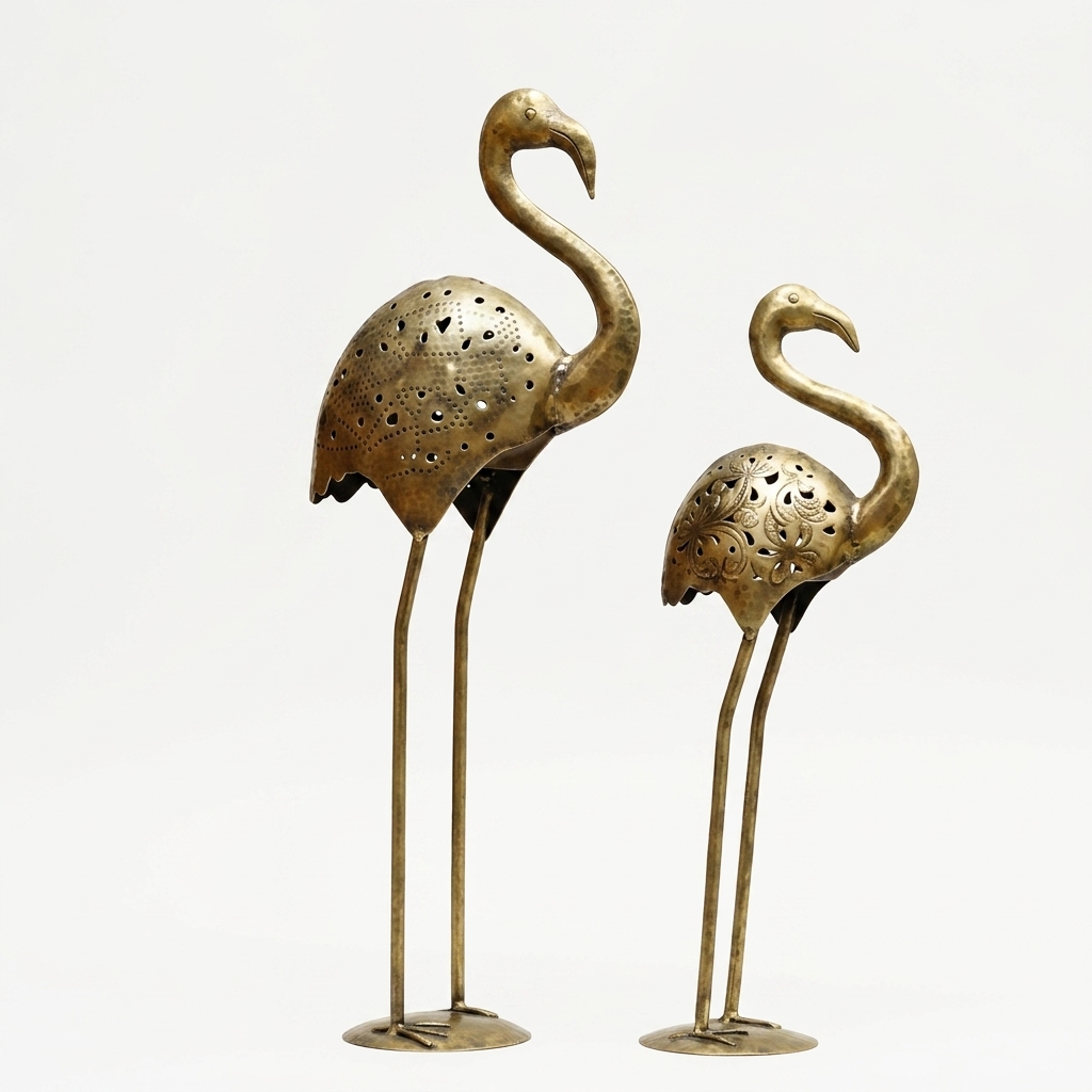 Handcrafted Metal Flamingo Table Decor Set of 2 | Antique Gold Bird Showpiece