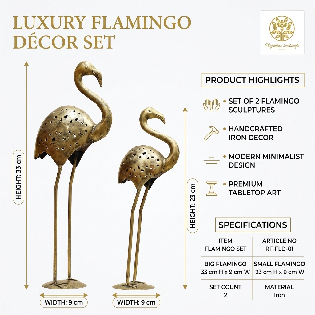 Handcrafted Metal Flamingo Table Decor Set of 2 | Antique Gold Bird Showpiece - Image 3