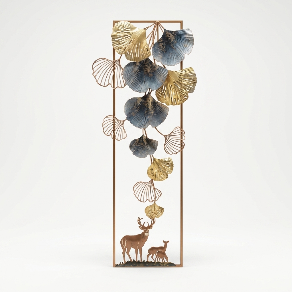 Luxury Ginkgo Leaf Deer Metal Wall Art | Modern Vertical Wall Décor for Living Room - Image 4