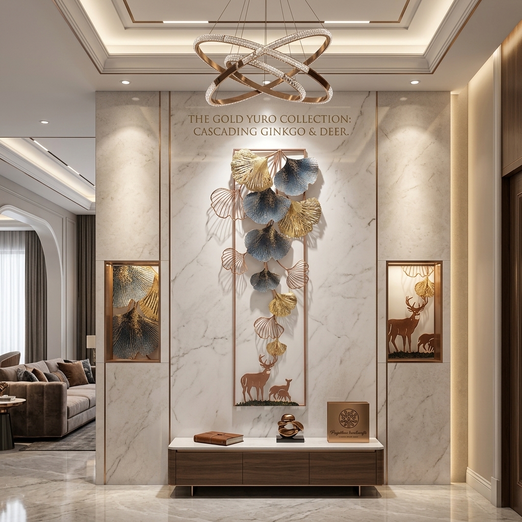 Luxury Ginkgo Leaf Deer Metal Wall Art | Modern Vertical Wall Décor for Living Room - Image 3