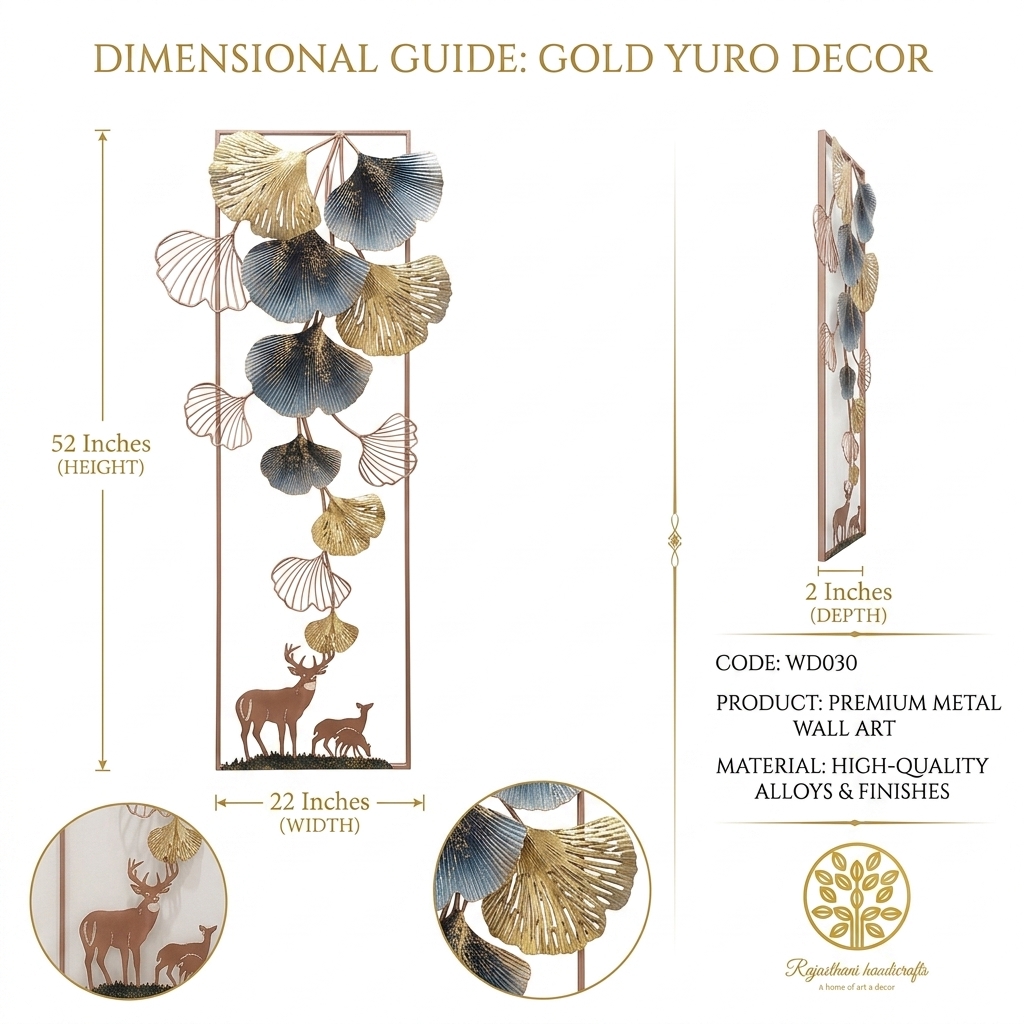 Luxury Ginkgo Leaf Deer Metal Wall Art | Modern Vertical Wall Décor for Living Room - Image 2