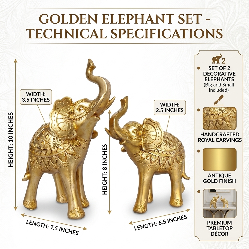 Royal Golden Elephant Statue Set | Lucky Elephant Table Decor for Home & Office - Image 3