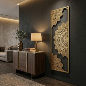 Luxury Golden Mandala Metal Wall Art Panel | Modern Vertical Wall Decor for Living Room & Bedroom