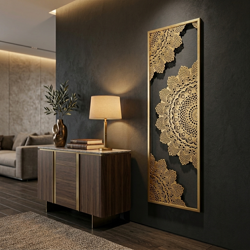 Luxury Golden Mandala Metal Wall Art Panel | Modern Vertical Wall Decor for Living Room & Bedroom