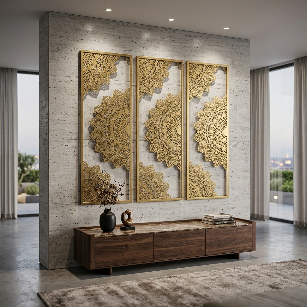 Luxury Golden Mandala Metal Wall Art Panel | Modern Vertical Wall Decor for Living Room & Bedroom - Image 3