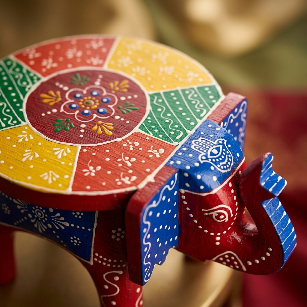 Handcrafted Wooden Elephant Stool | Rajasthani Painted Elephant Table - Image 8