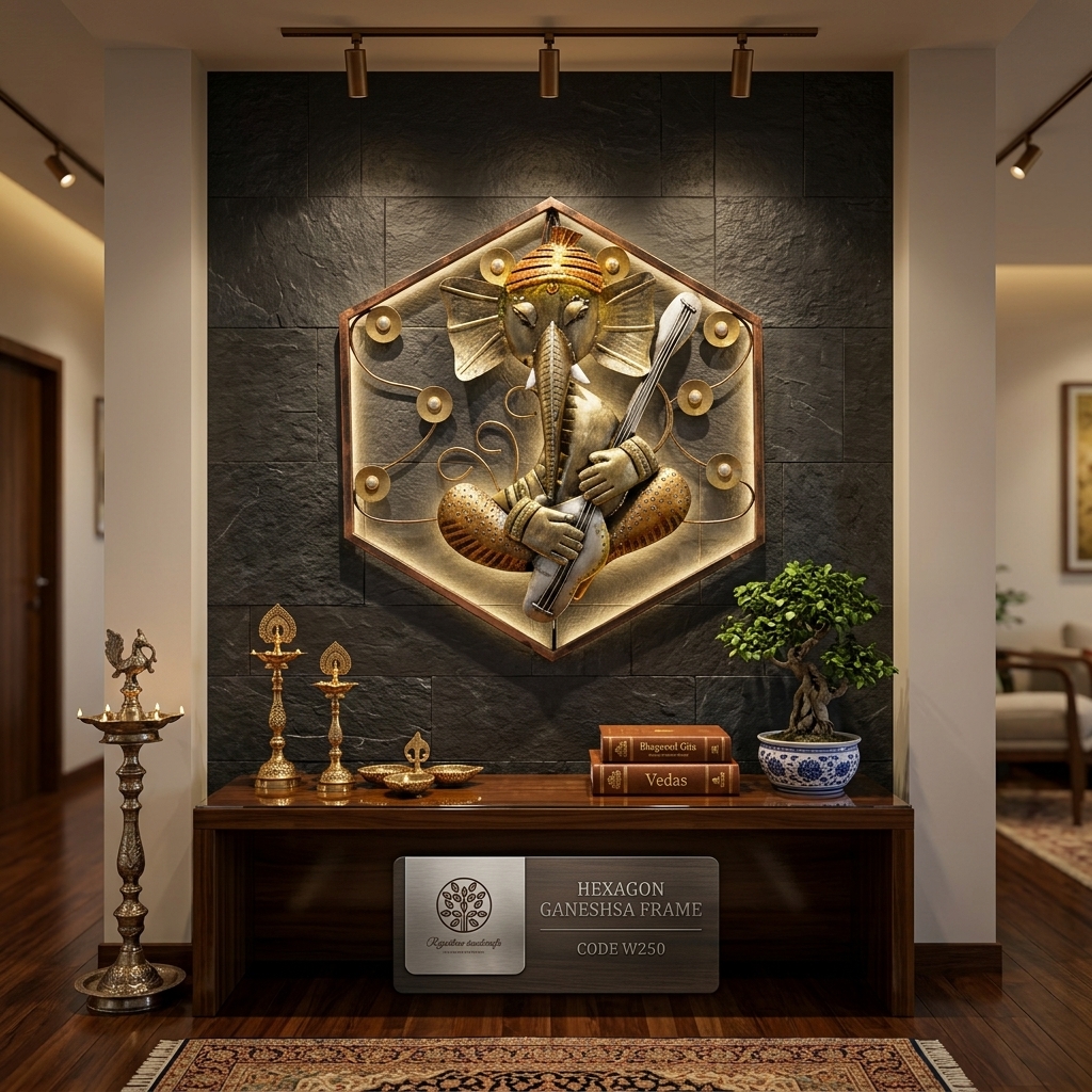LED Hexagon Ganesha Wall Art with Veena | Premium Metal Wall Decor for Home & Mandir - Image 2
