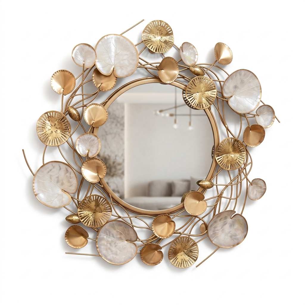 Luxury Lotus Floral Gold Wall Mirror | Decorative Round Metal Wall Mirror - Image 2