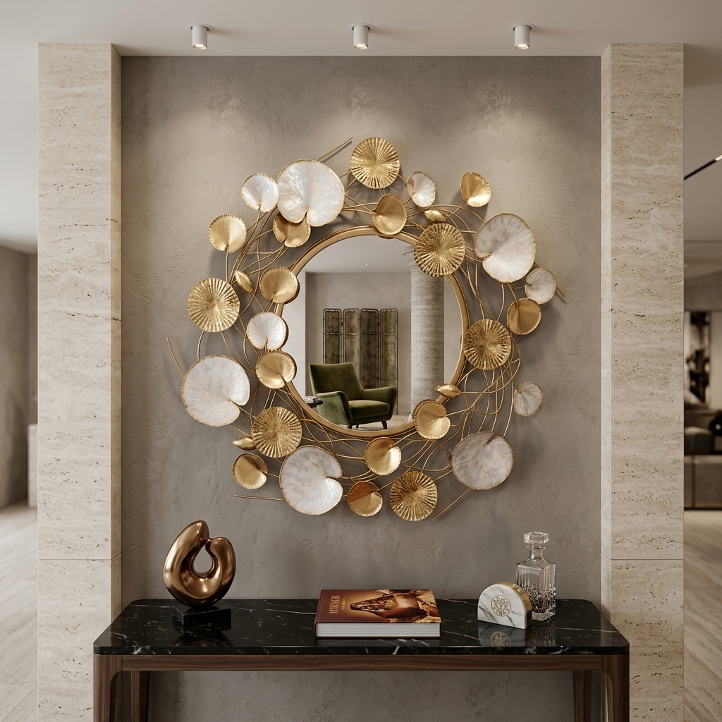 Luxury Lotus Floral Gold Wall Mirror | Decorative Round Metal Wall Mirror - Image 8