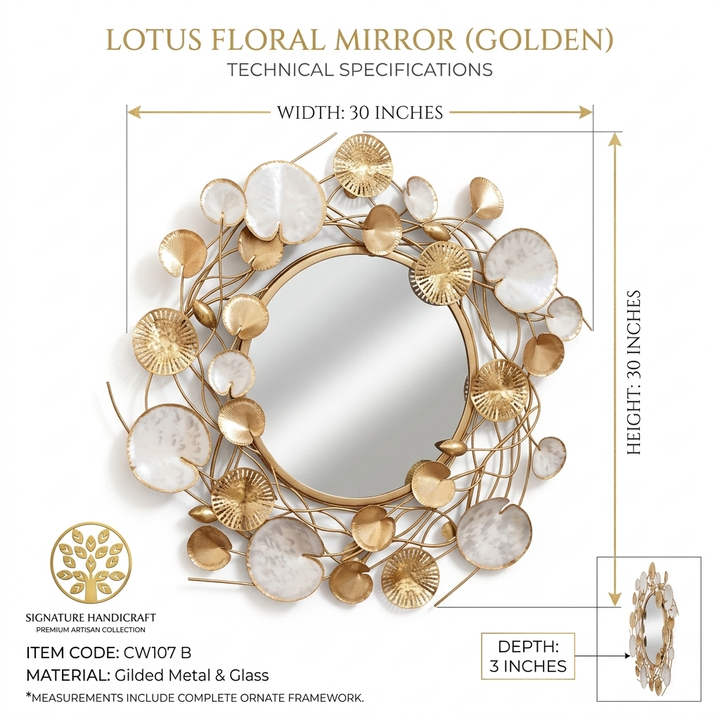 Luxury Lotus Floral Gold Wall Mirror | Decorative Round Metal Wall Mirror - Image 4
