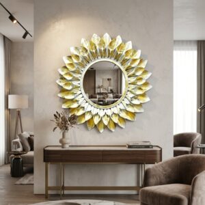Mini Flower Mirror (Gold & White) | Handcrafted Metal Decorative Wall Mirror