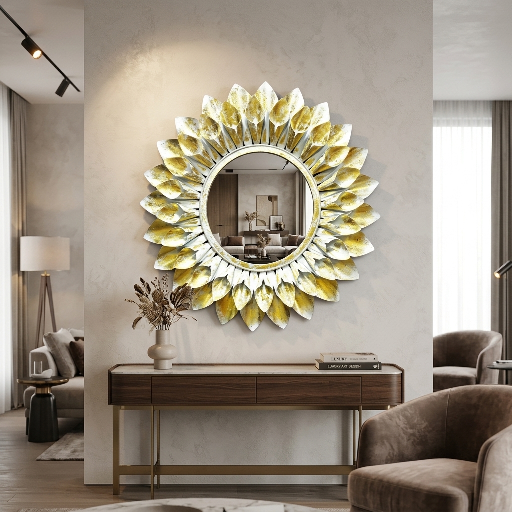 Mini Flower Mirror (Gold & White) | Handcrafted Metal Decorative Wall Mirror