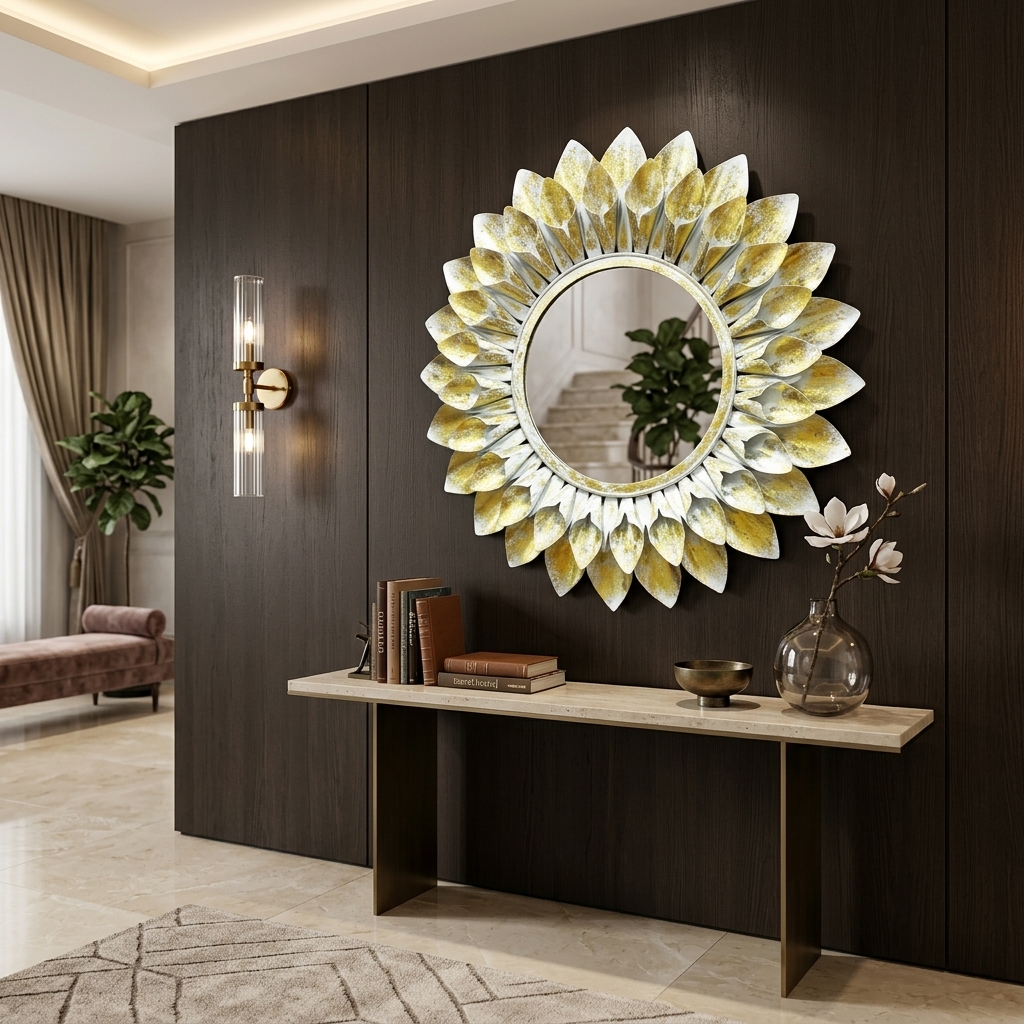 Mini Flower Mirror (Gold & White) | Handcrafted Metal Decorative Wall Mirror - Image 7