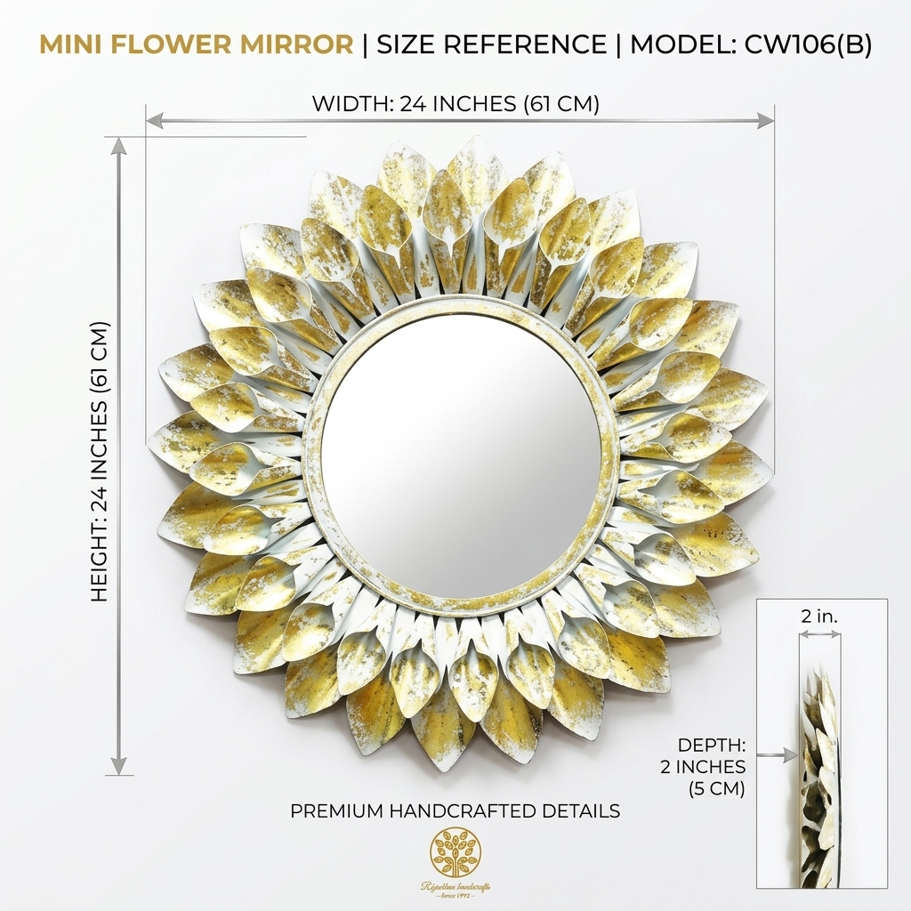 Mini Flower Mirror (Gold & White) | Handcrafted Metal Decorative Wall Mirror - Image 8