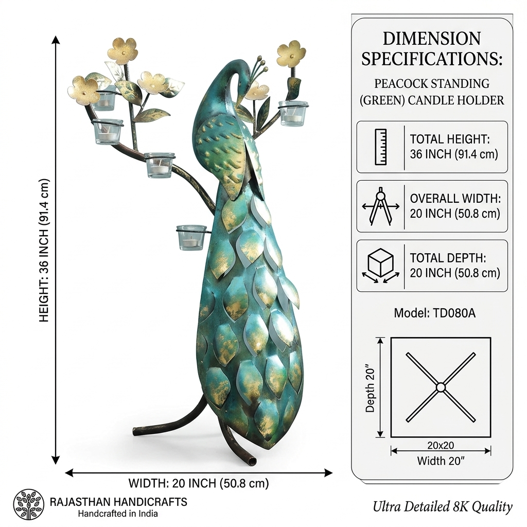 Peacock Standing Green Metal Candle Holder | Handmade Floor Décor SEO Meta Description - Image 8