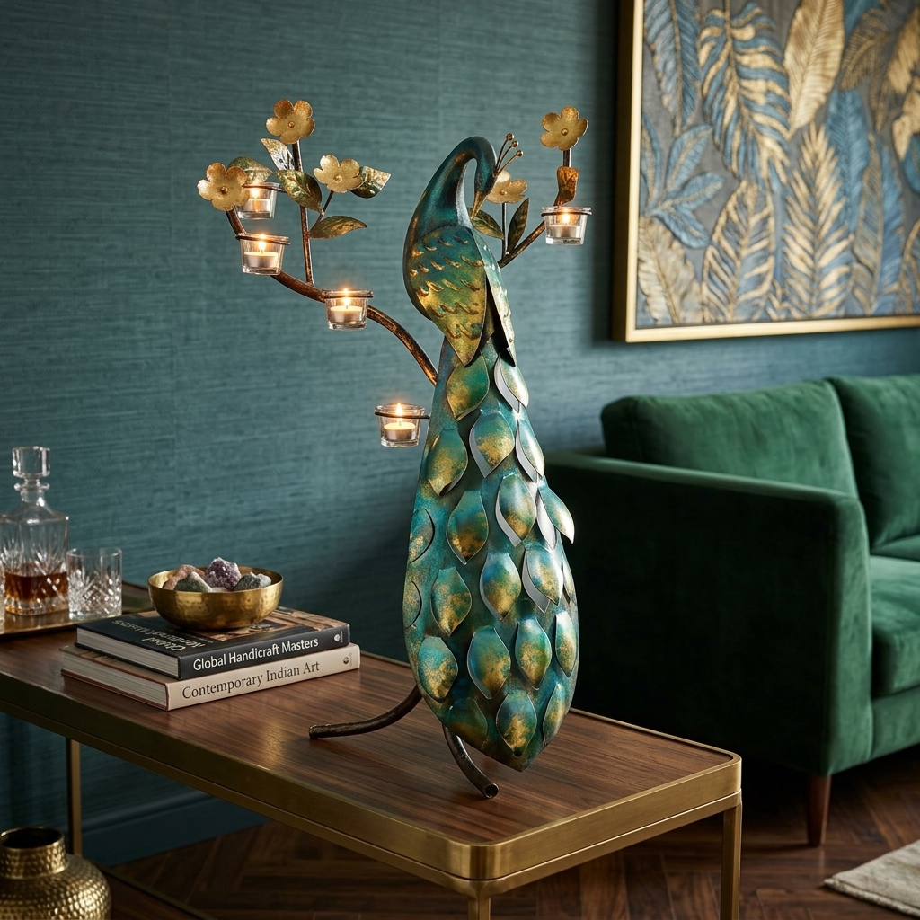 Peacock Standing Green Metal Candle Holder | Handmade Floor Décor SEO Meta Description - Image 9