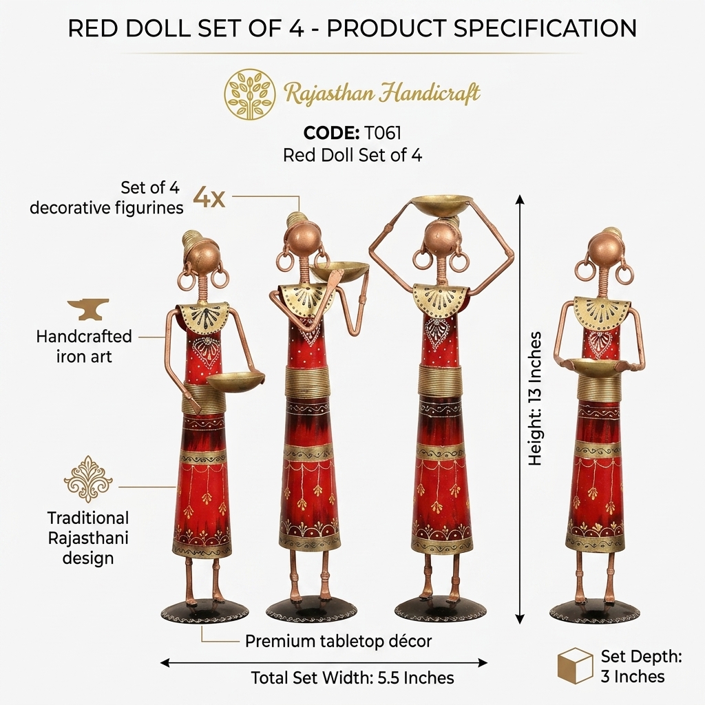 Red Rajasthani Doll Set of 4 | Handcrafted Iron Figurines & Traditional Table Decor - Image 9