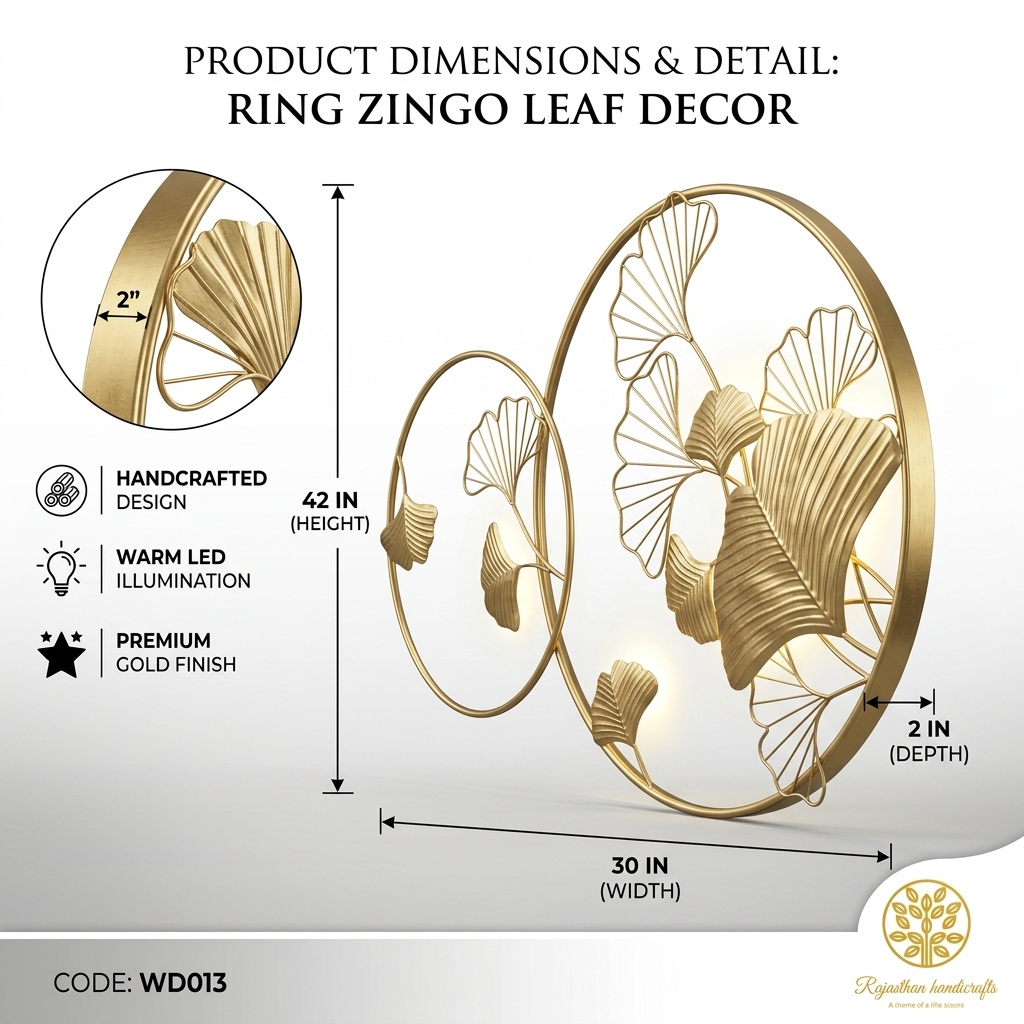 Ring Zingo Leaf Wall Decor | Handcrafted Gold Metal Leaf Wall Art with Warm LED - Image 5