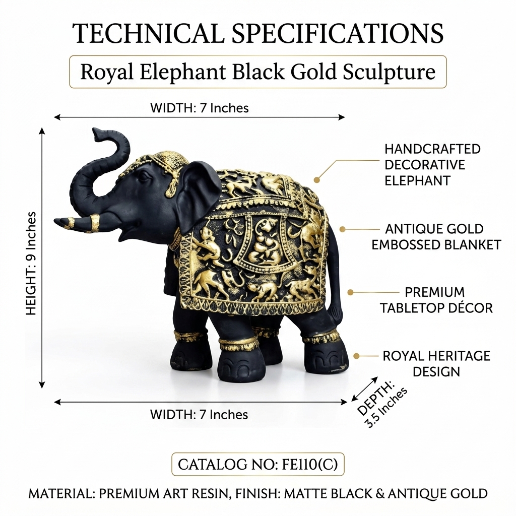 Royal Elephant Black Gold Sculpture | Handcrafted Indian Elephant Table Decor - Image 9