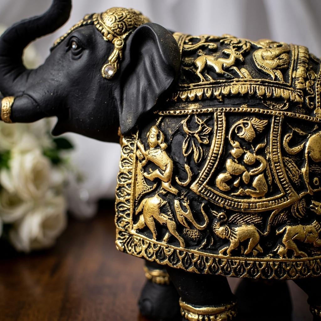 Royal Elephant Black Gold Sculpture | Handcrafted Indian Elephant Table Decor - Image 10