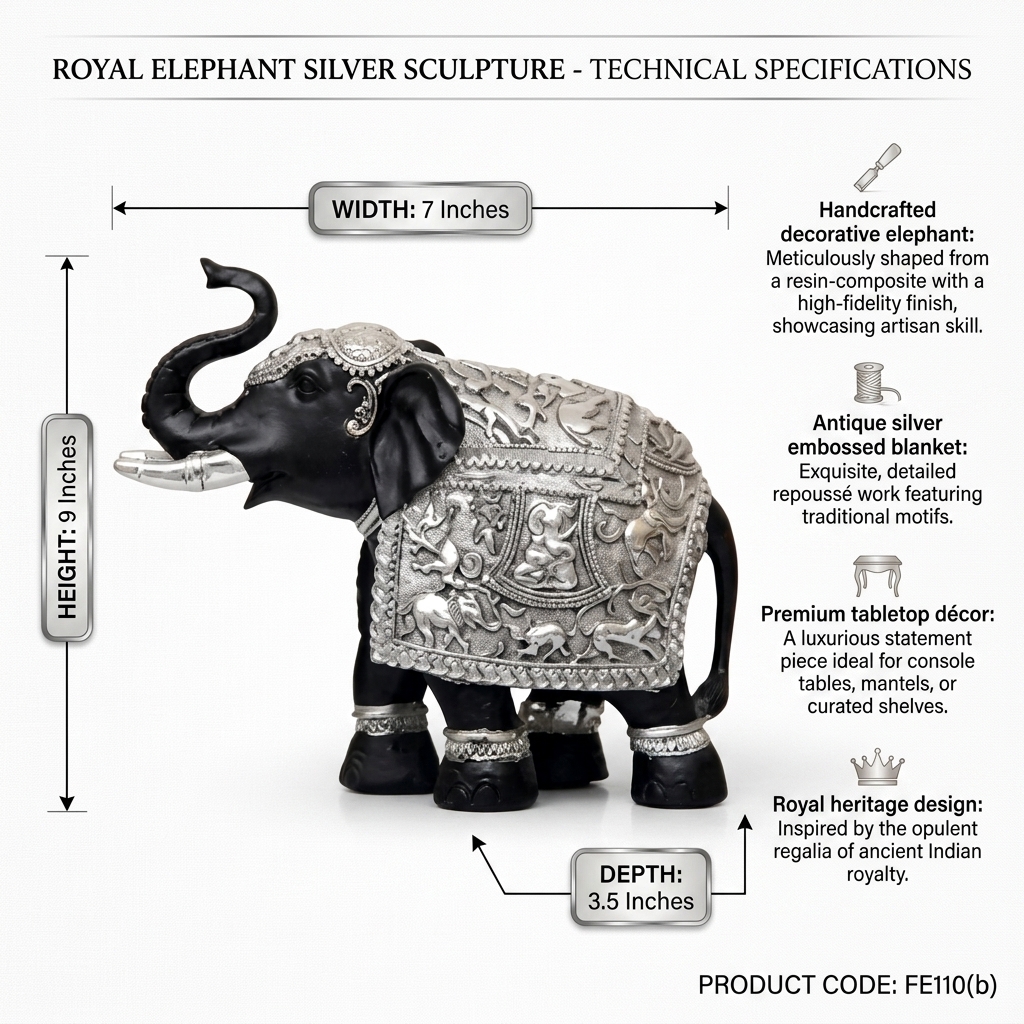 Royal Elephant Silver Sculpture | Handcrafted Indian Elephant Table Decor - Image 7