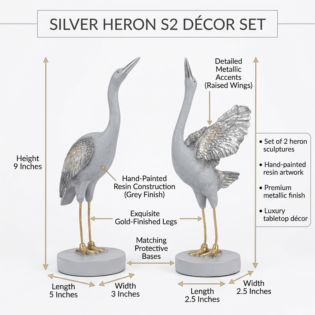 Luxury Silver Heron Bird Figurine Set | Hand-Painted Resin Tabletop Decor (Set of 2) - Image 5