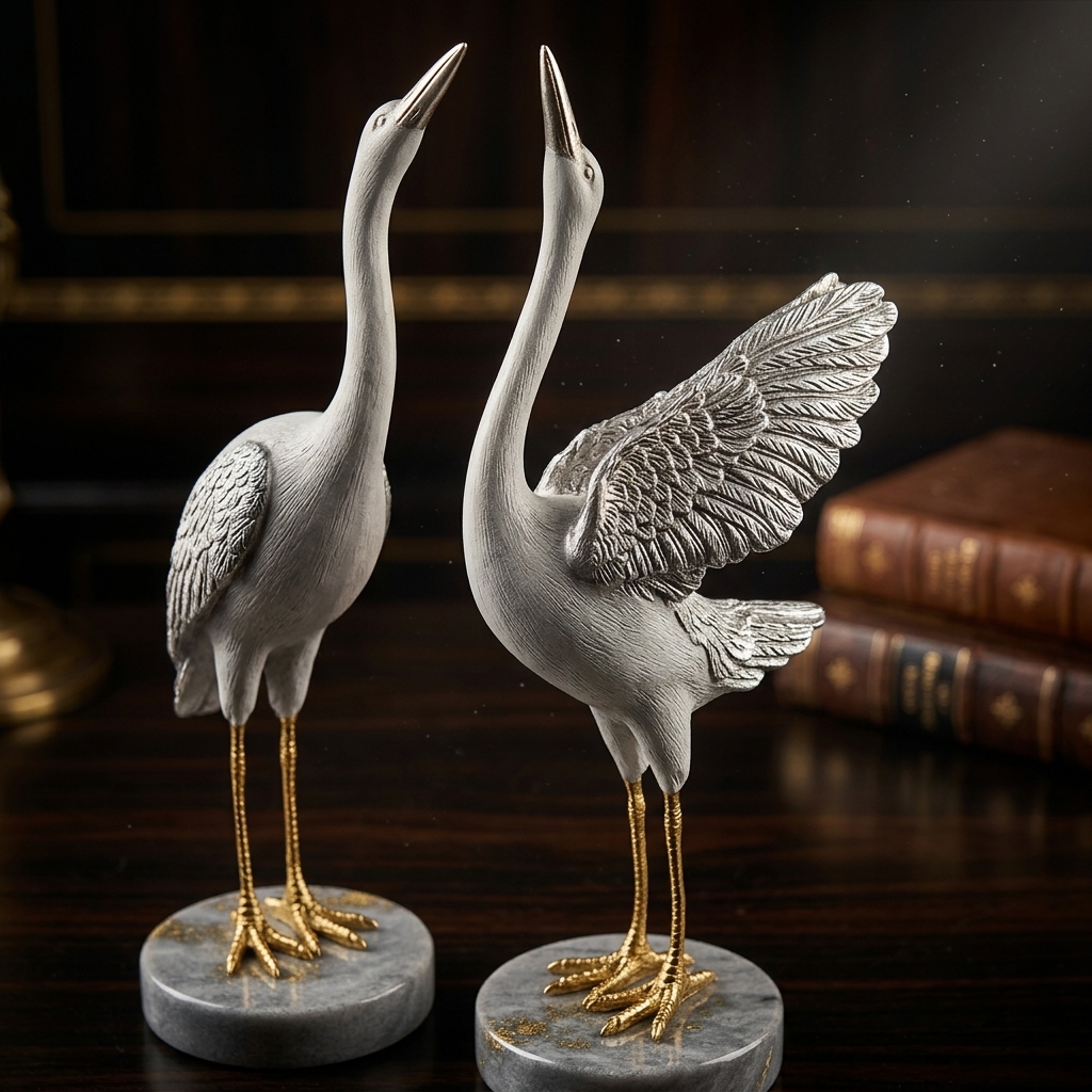 Luxury Silver Heron Bird Figurine Set | Hand-Painted Resin Tabletop Decor (Set of 2) - Image 4