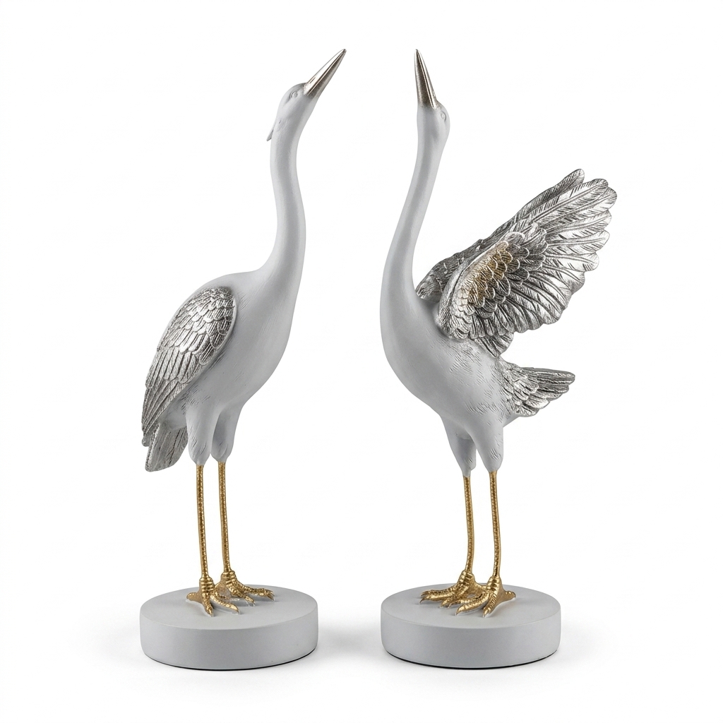 Luxury Silver Heron Bird Figurine Set | Hand-Painted Resin Tabletop Decor (Set of 2) - Image 3