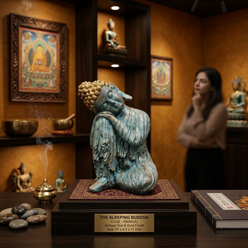 Sleeping Buddha Antique Sculpture | Handcrafted Meditation Tabletop Decor - Image 4