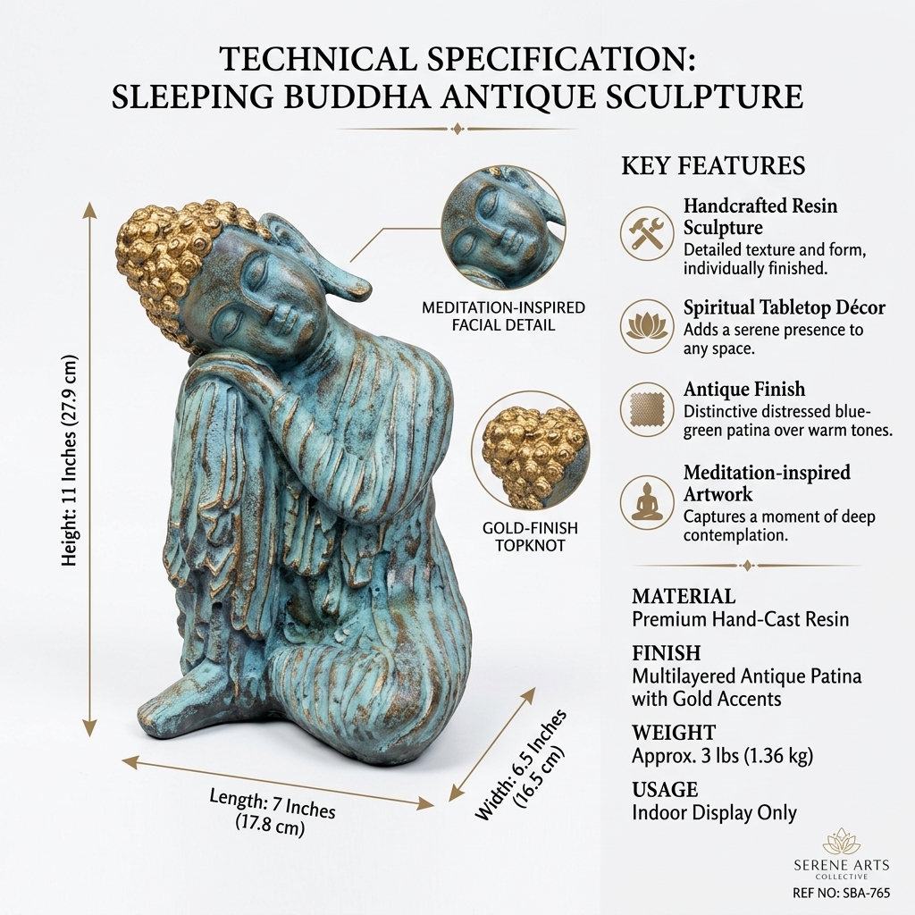 Sleeping Buddha Antique Sculpture | Handcrafted Meditation Tabletop Decor - Image 3